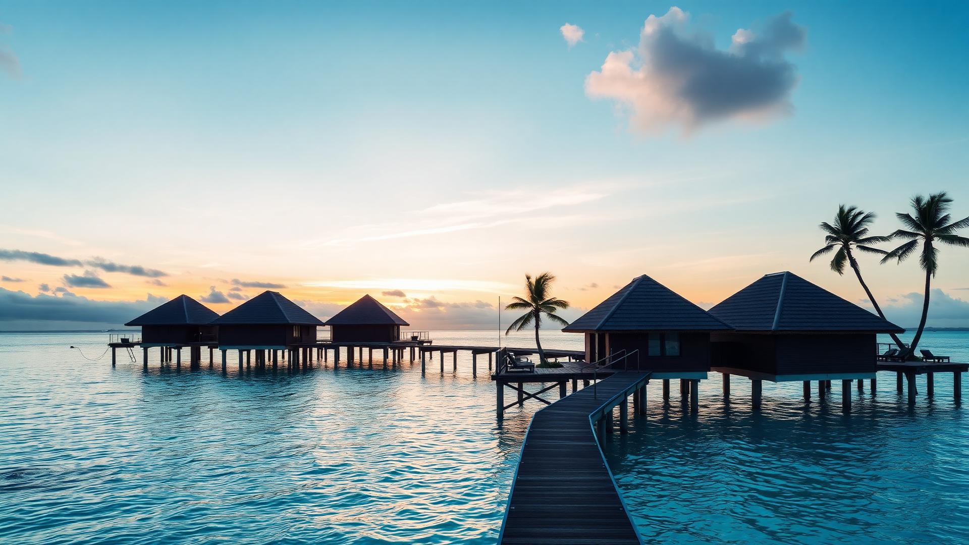 Overwater bungalow at sunset