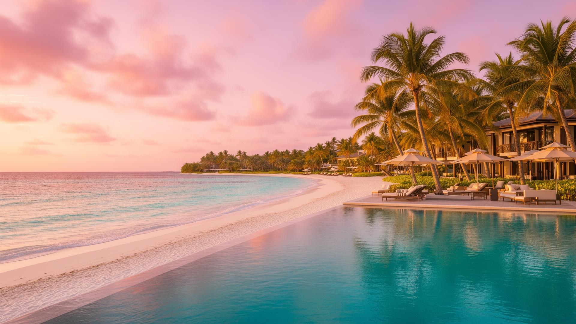 Luxury tropical beach resort at golden hour